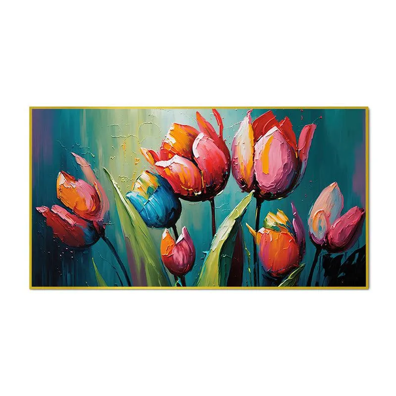 Tulip Brushstrokes Floral Canvas Wall Painting With Frame - Gold media 4