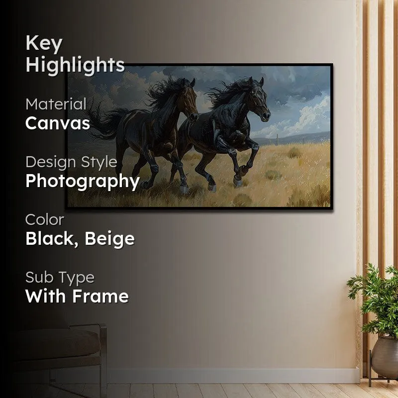 Ebony Duo Stallions Canvas Wall Painting With Frame - Black media 2