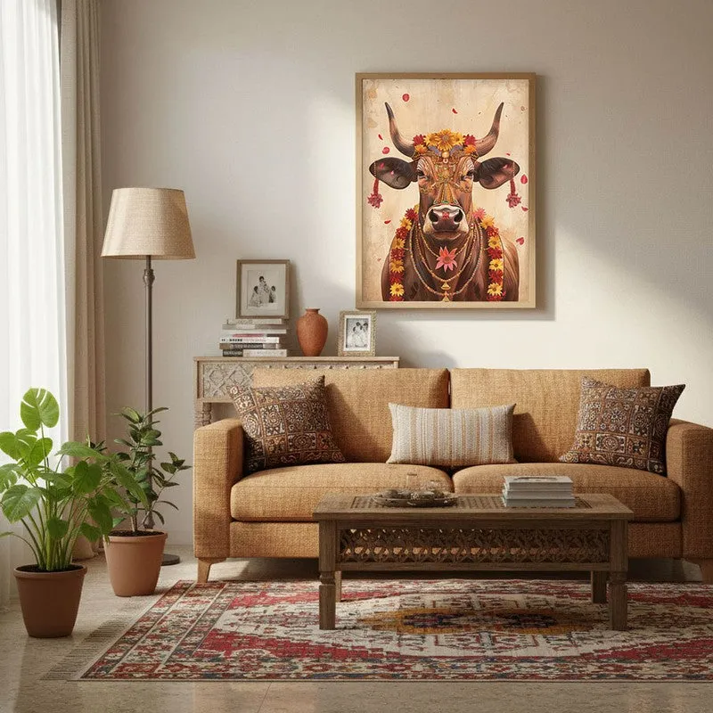 Divine Cow Traditional Canvas Wall Painting With Brown Frame media 3