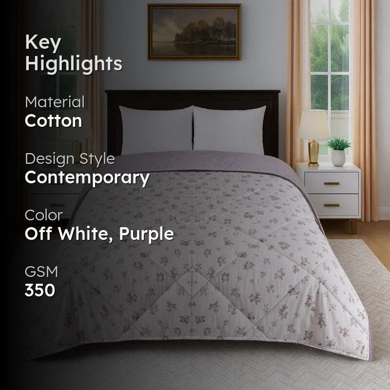 Fleuris Cotton Comforters (White,Purple) - 350 GSM media 2