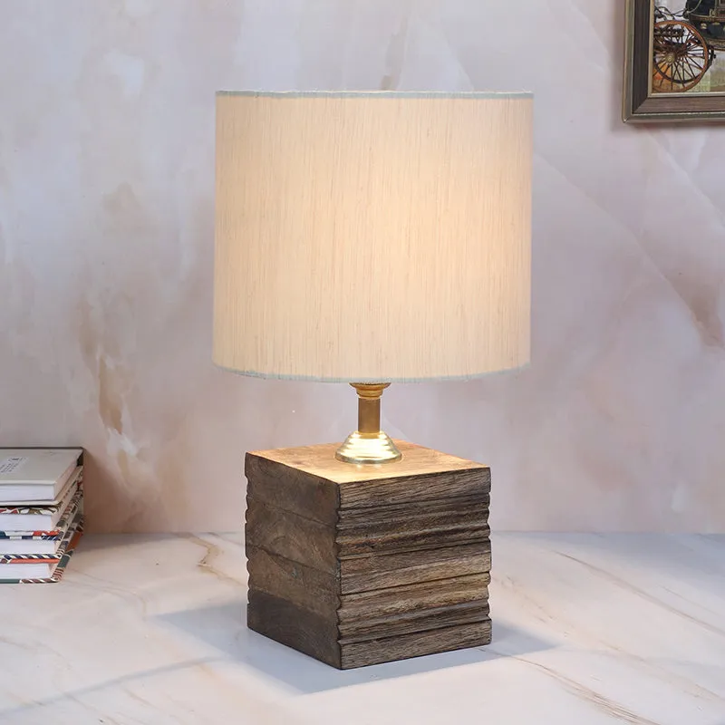 Bisara Cube Solid Mango Wood Table Lamp - Ivory, Brown media 1