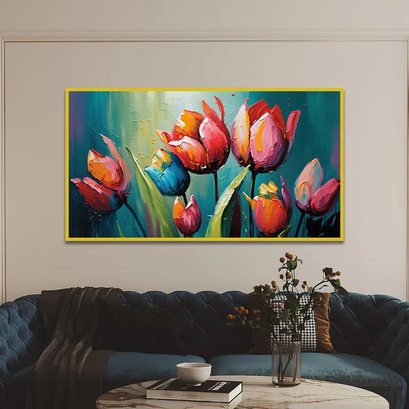 Tulip Brushstrokes Floral Canvas Wall Painting With Frame - Gold media 5