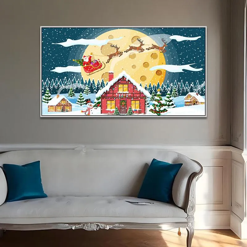 Winter Cottage At Night Landscape Canvas Wall Painting With Frame - White media 3