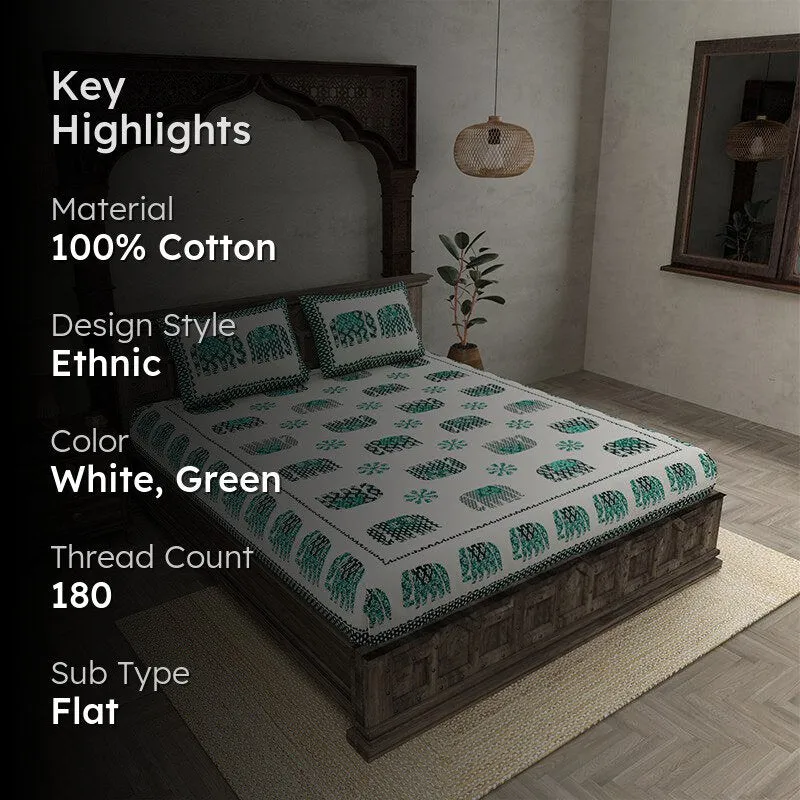 Hasthi Ethnic Cotton Bedsheet (White,Green) - 180 TC media 2