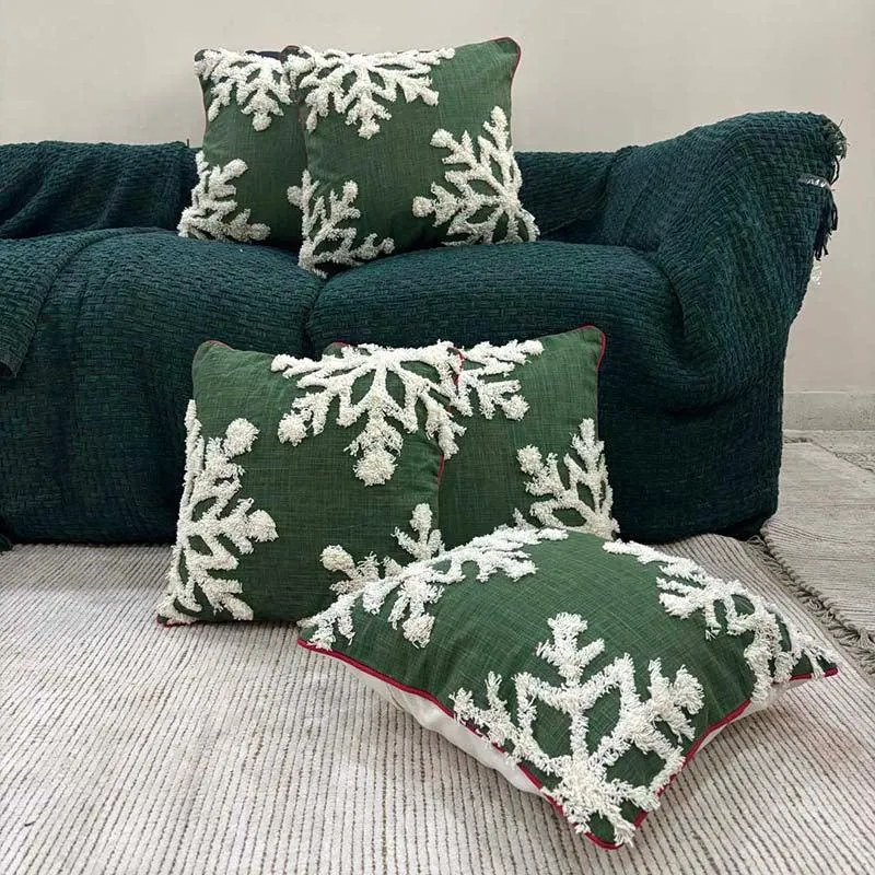 Verdant Snowflakes Cotton Christmas Cushion Cover media 6