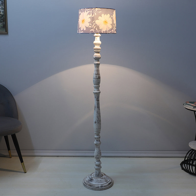 Daisy Blooms Totem Printed Mango Wood Floor Lamp - White