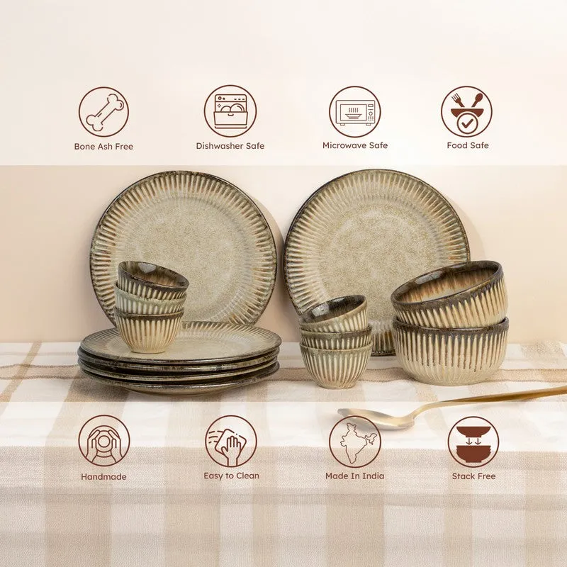 Beige ceramic dinnerware arranged on a dining table with feature icons