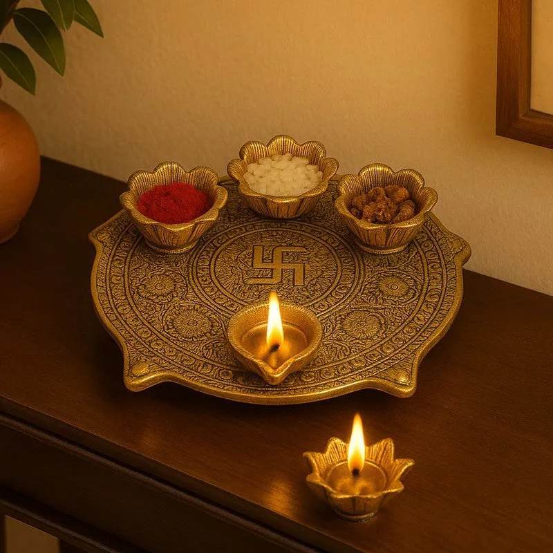 Anantya Aluminum Pooja Thali Set - Gold media 1