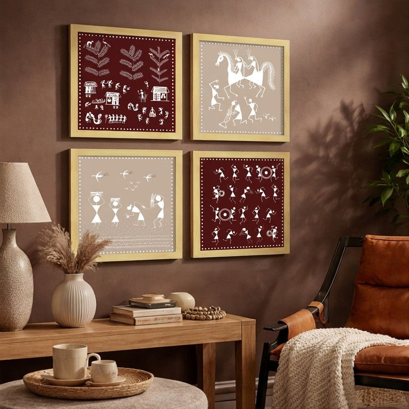 Tribal Warli Story Paper Wall Art - Set Of Four