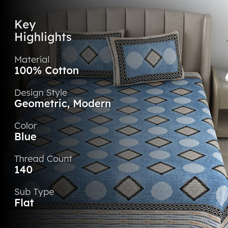 Metro Matrix Geometric Cotton  Bedsheet (Blue) - 140 TC media 2