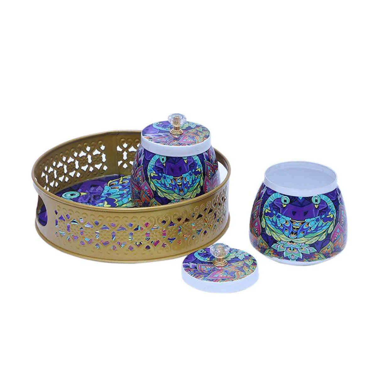 Two decorated jars and a gold tray displayed separately