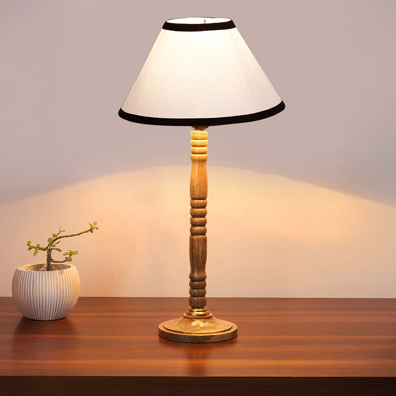 Monochrome Edge Table Lamp With Carved Wooden Base - White,Brown