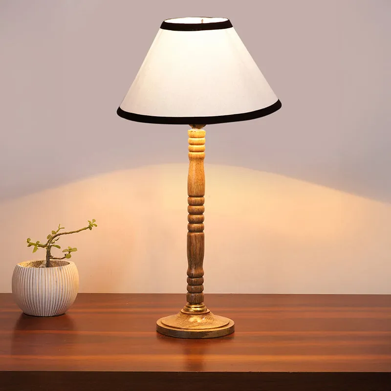Monochrome Edge Table Lamp With Carved Wooden Base - White,Brown media 1