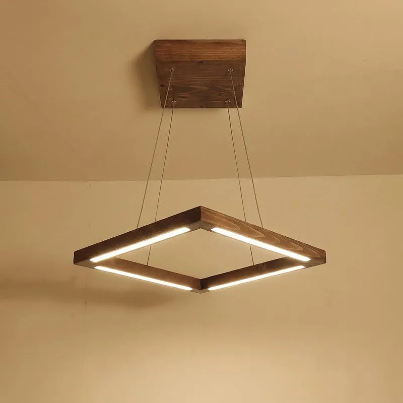 Lit square wooden LED ceiling lamp shown against a beige wall