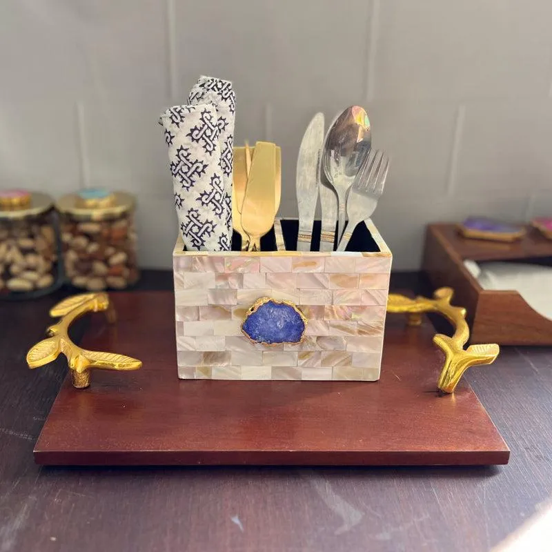Suzzaine Handcrafted Mother Of Pearl & Agate Cutlery Holder - Dark Blue & Beige media 1