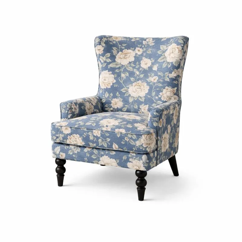 Vintage Blue Blossom Teak Wood & Velvet Printed Lounge Chair media 4