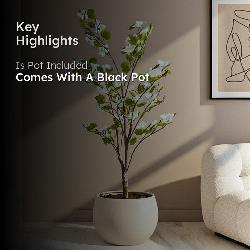 Bauhinia Artificial  Plant With Black Plastic Pot (White,Green) - 160 cm (5.2 ft) media 2