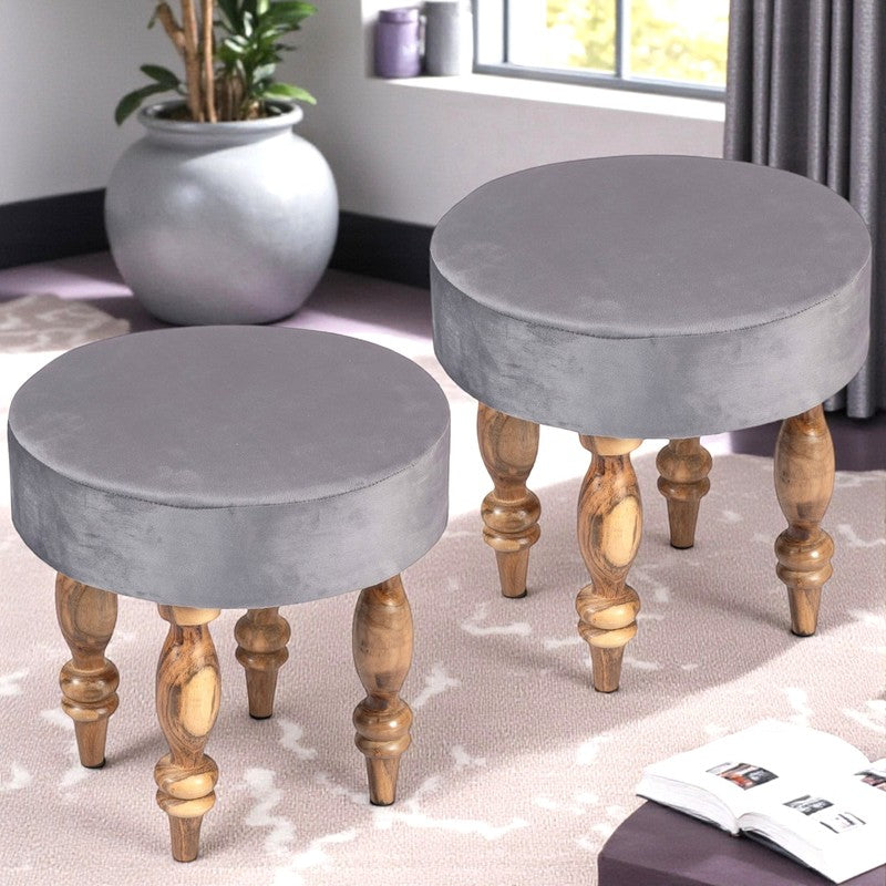 Rynex Sheesham Wooden Stools (Grey) - Set Of Two