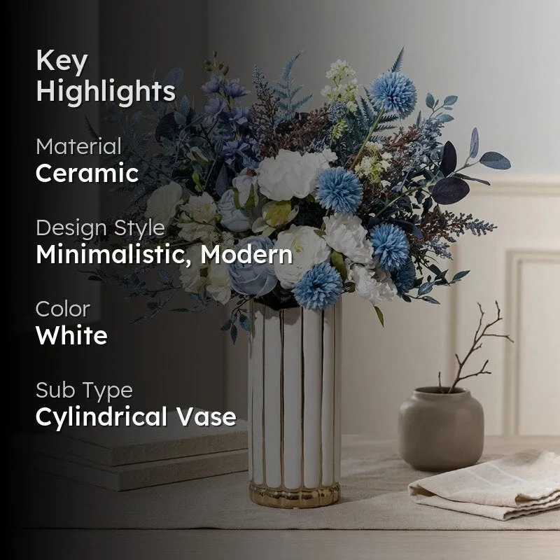 Floral vase on a styled table with a dark overlay and highlighted product details