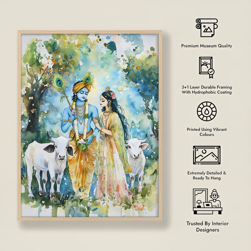 Sri Radha Krishna Spiritual Archival Paper Wall Painting - Natural Brown Frame media 8