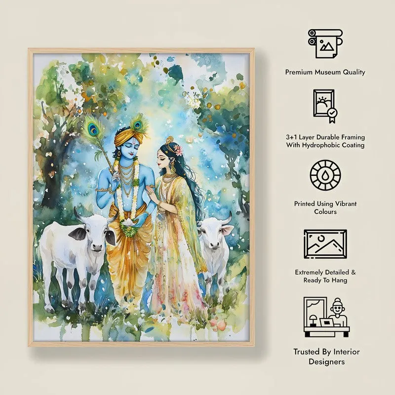 Sri Radha Krishna Spiritual Archival Paper Wall Painting - Natural Brown Frame media 8