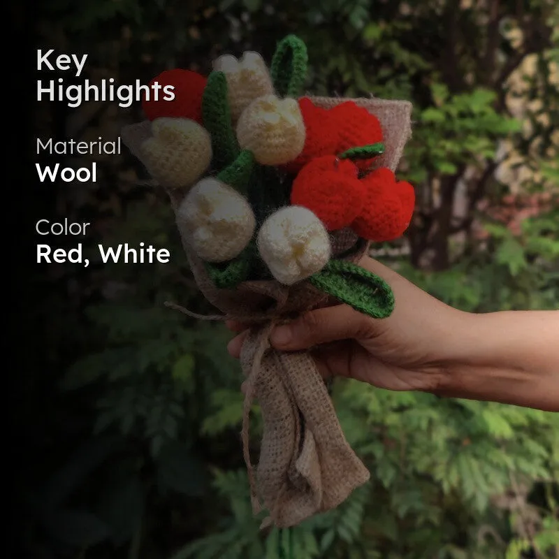 Crochet Handmade Rose Bouquet (White,Red) - Set of Twelve media 2