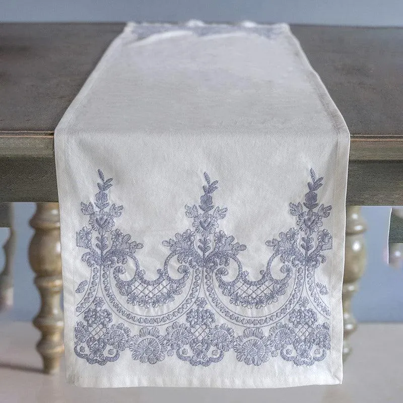 Threaded Blossom Embroidered Cotton Table Runner - Blue media 3