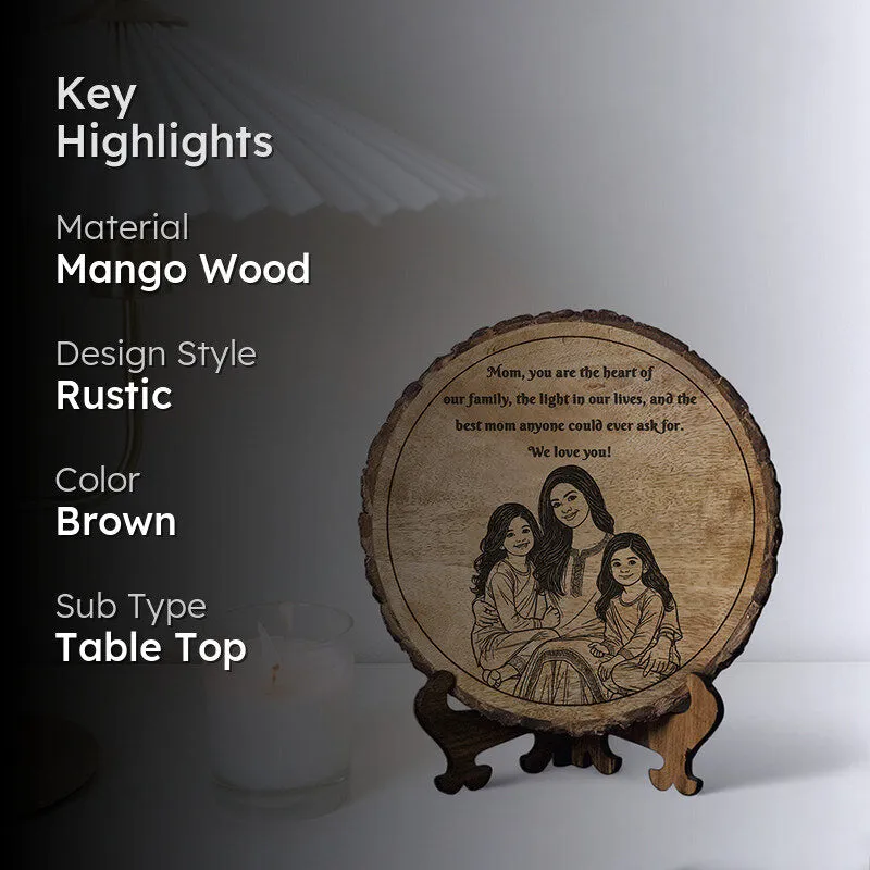 Round wooden family showpiece on a stand in a styled interior setting