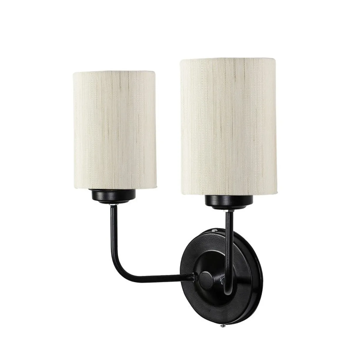 Angled view of twin wall lamp with black iron base and white shades