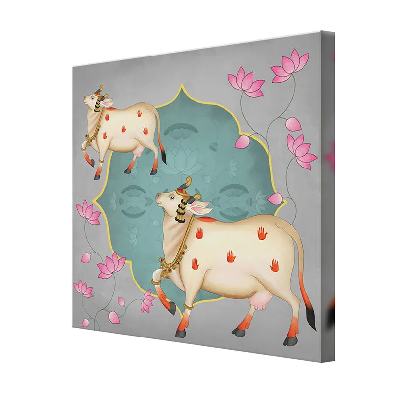 Pichwai Cow And Calf In Lotus Pond Wall Painting media 6