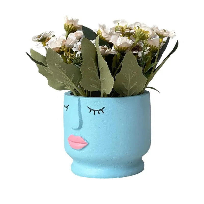 Faux Aster Artificial Flower With Pot - White & blue media 4