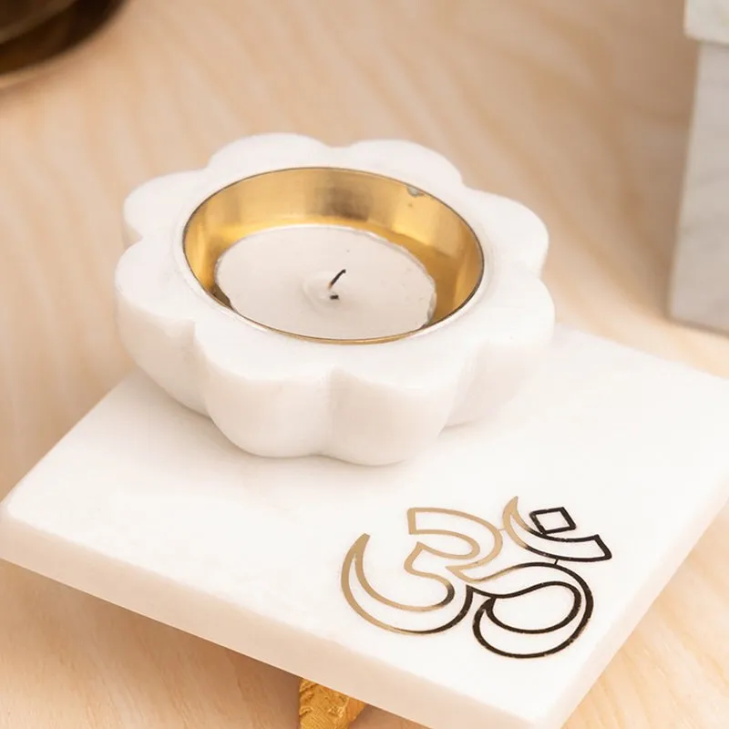 Shila Marble Diya With Chowki - Two Piece Set media 3