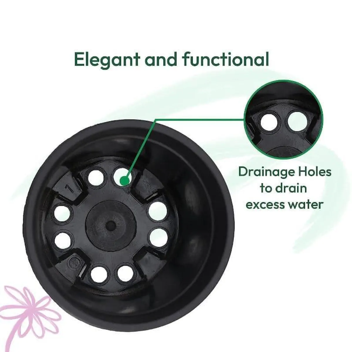 Close-up view of the black pot interior and drainage holes