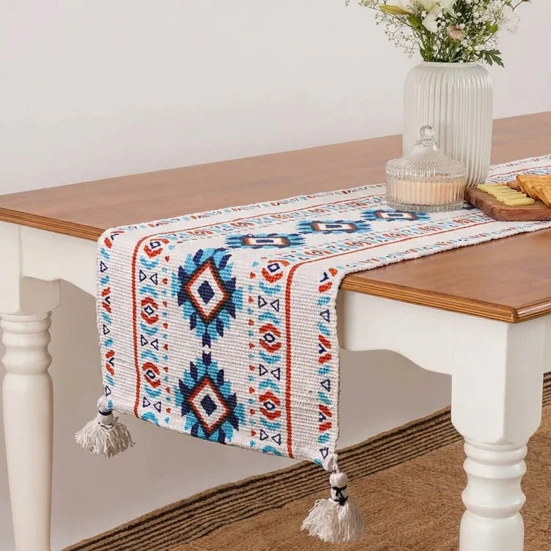 Aztec Handloom Tasseled Cotton Table Runner media 1