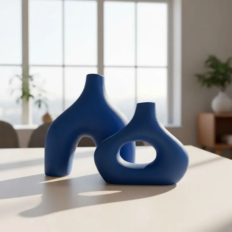 Noctra Sculptural Dual Ceramic Vase (Blue) - Set Of Two media 7