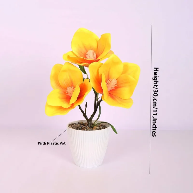 Magnolia Artificial Flower Plant With Black Plastic Pot - Yellow media 5