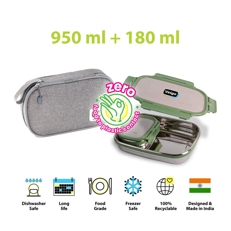Delico Pack Green Lunch Box With Insulated Pouch (775 /150 mL) - Three Piece Set image 7