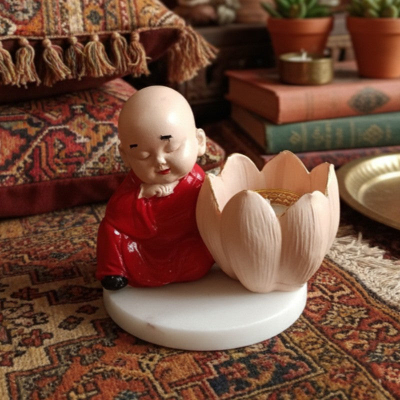 Buddha Monk Lotus Resin Tea Light Candle Holder - Red media 5