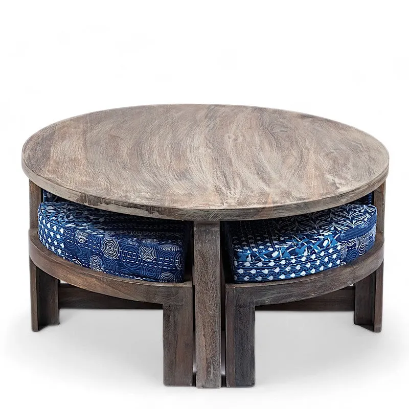Jervon Sheesham Wooden Center Table with Stools and Cushions (Grey,Blue) - Nine Piece Set media 3