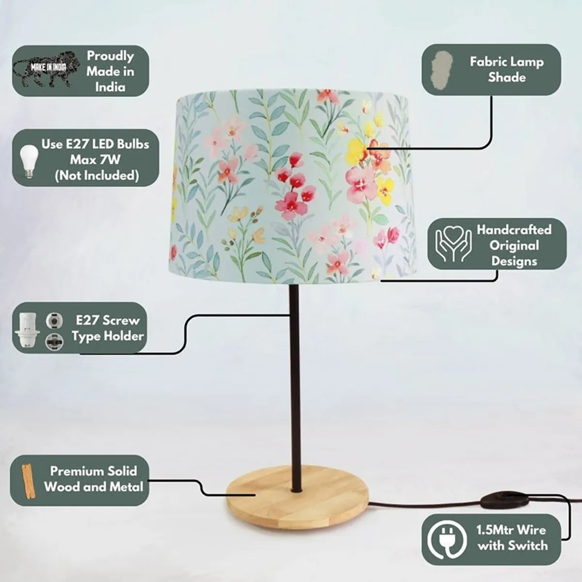 Multicolour floral table lamp with cylindrical fabric shade and round wooden base