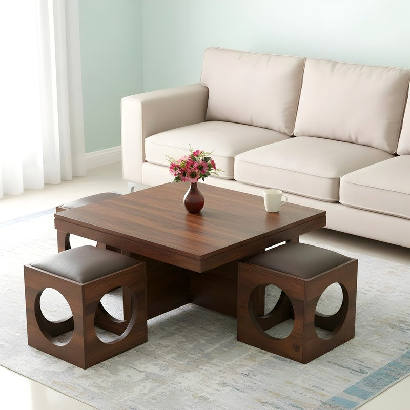 Lervon Sheesham Wooden Center Table with Stools (Brown) - Five Piece Set