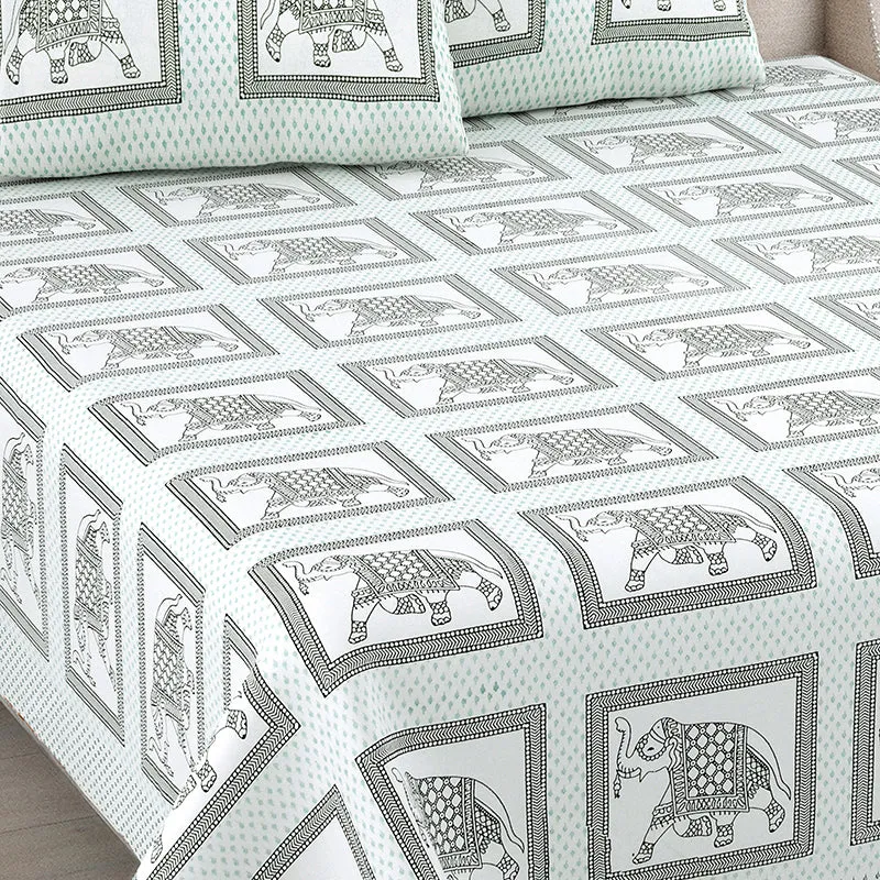 Ethnik Tusker Cotton Bedsheet (Light Green, Grey) - 144 TC media 3