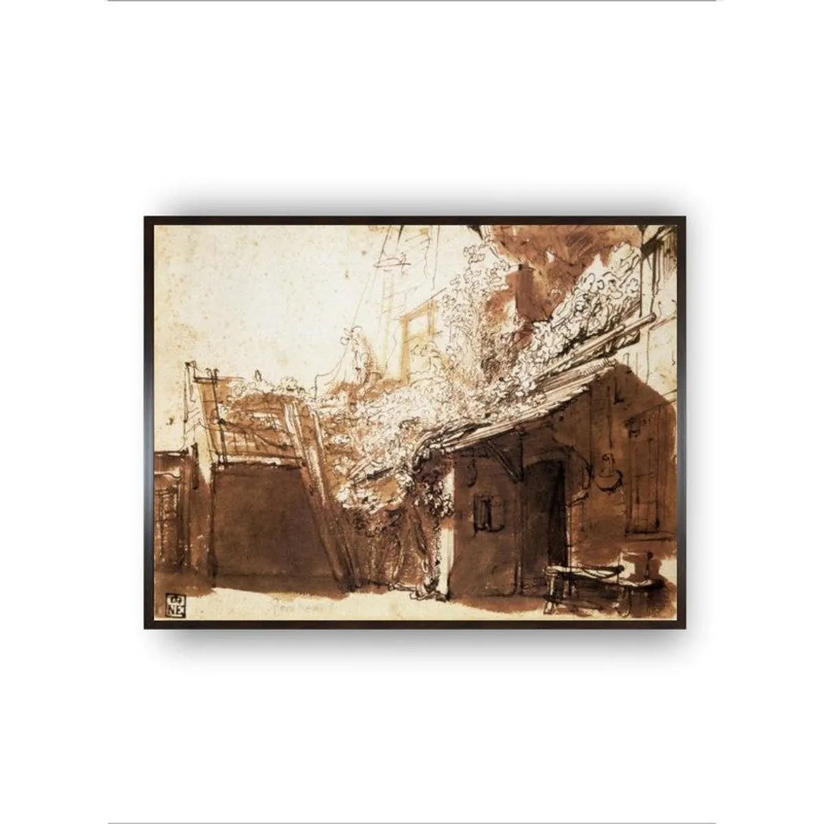 Rectangular framed sepia house scene shown against a white background