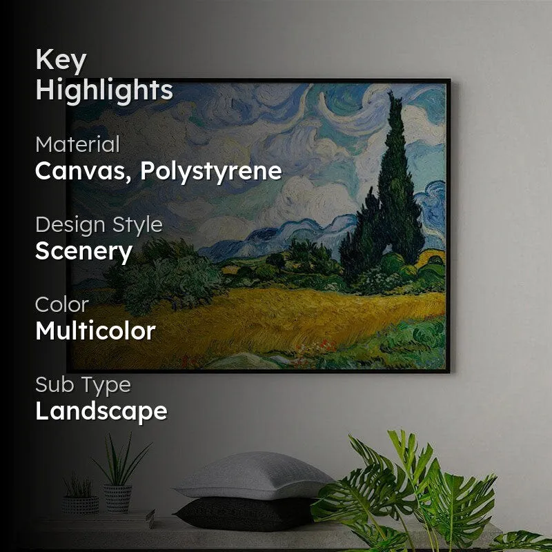 Wheat Field With Cypresses Canvas Wall Painting - Black Frame media 2