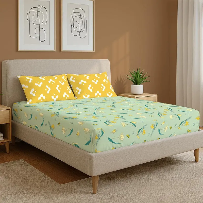 Lime Sunshine Floral Cotton Bedsheets (Green & Yellow) - 144 TC media 1
