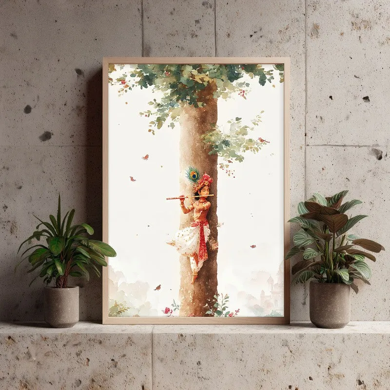 Baal Gopal Lord Krishna Blissful Archival Paper Wall Art - Natural Brown Frame media 4