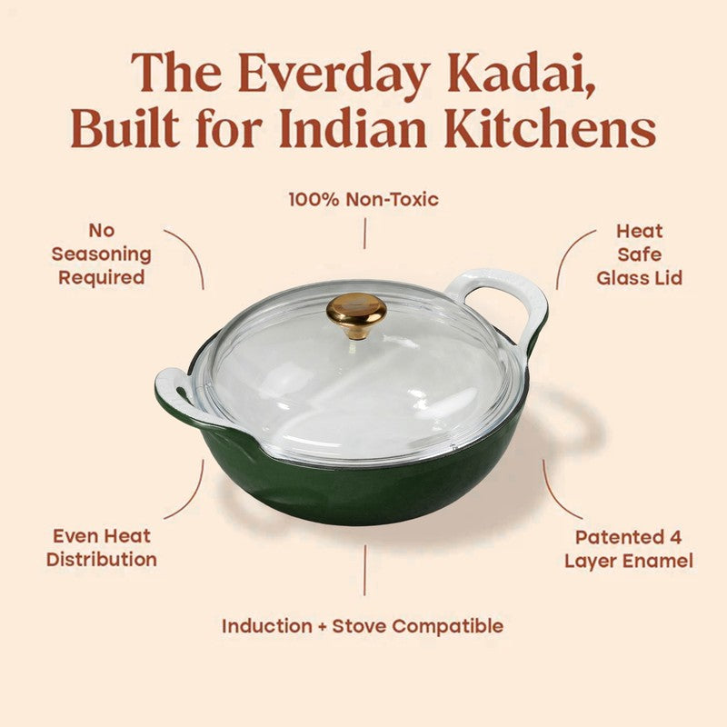 Cumin Co Enamel Cast Iron Kadhai With Lid (3200 mL) - Green media 5