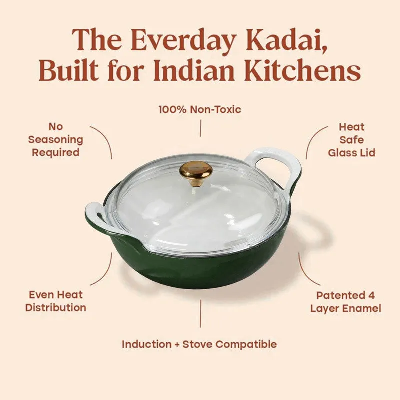 Cumin Co Enamel Cast Iron Kadhai With Lid (3200 mL) - Green media 5