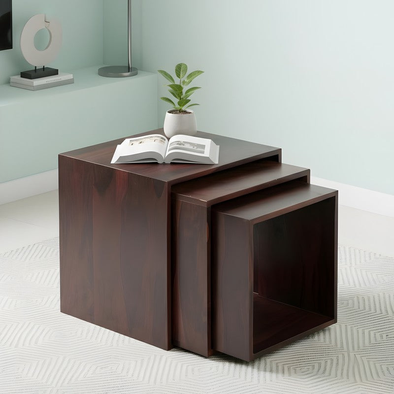 Tverox Sheesham Wooden Side & Bedside Table (Brown) - Set Of Three