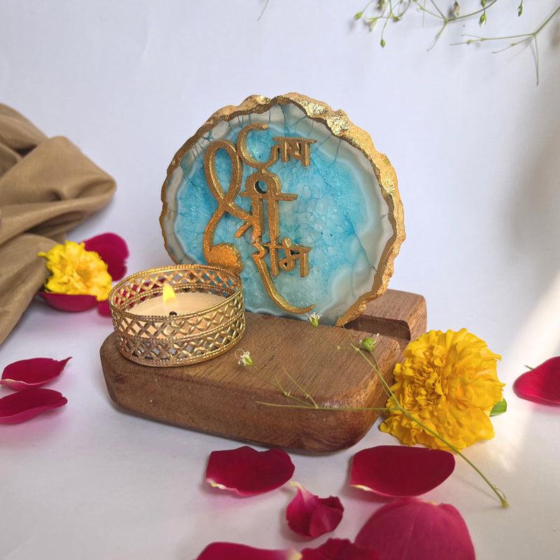 Jai Shri Ram Handcrafted Agate Religious Accent With Tealight Candle Holder - Turquoise media 3
